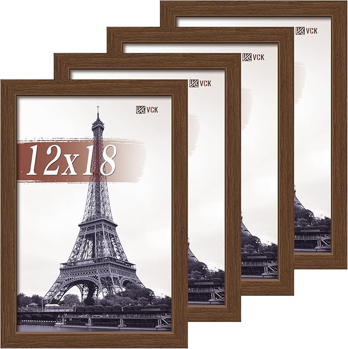 VCK 12x18 Poster Frame Set of 4 - Brown, Gallery-Quality Wood Picture Frames, 1.1-Inch Wide Border, Polished Plexiglass, Vertical or Horizontal Wall Display for Photo/Art/Prints, Brown