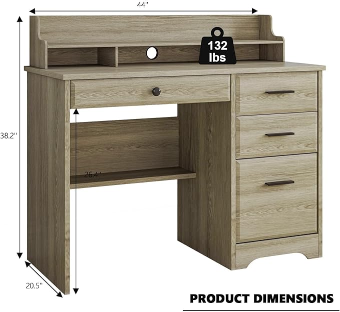 4 EVER WINNER Computer Desk with Drawers, Farmhouse Home Office Desk with Monitor Stand and File Drawer, Wood Simple PC Desk with Storage, Writing Desk for Bedroom, Grey