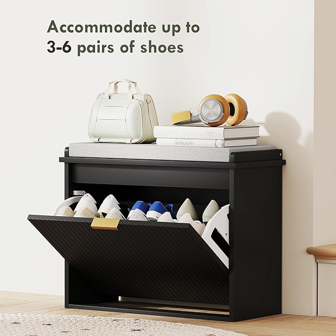HOMCOM Narrow Shoe Bench with Padded Seat Cushion and Flip-Drawer, Small Entryway Bench Holds up to 265lb, Shoe Cabinet, 24.4x10.2x18.7 Inches, Black