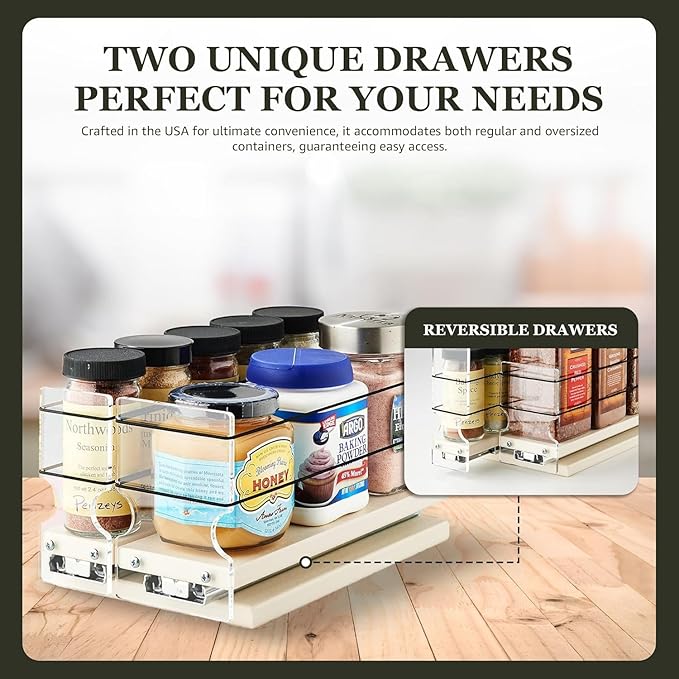 Vertical Spice Combo Spice Rack Drawer - Pull Out Pantry Organizers and Storage - Kitchen Cabinet Organizer - Seasoning Sliding Caddy - Made in USA (5.75" W x 5.00" H x 10.60" D, Partially Assembled)