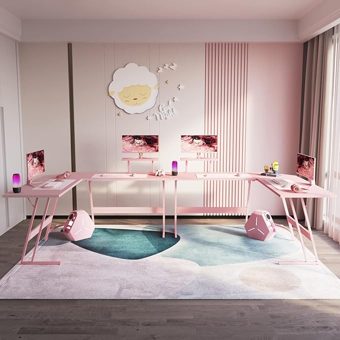 Homall Pink L Shaped Gaming Desk Computer Corner PC Desk Table with Large Monitor Stand for Home Office Studying Writing Workstation, Gift for Girls and Women (Pink, 57 Inch)
