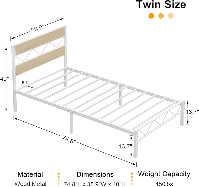 VECELO Twin Size Bed Frame with Headboard, Heavy-Duty Platform Bedframe with Metal Slats Support, No Box Spring Needed, Easy Assembly, White & Natural