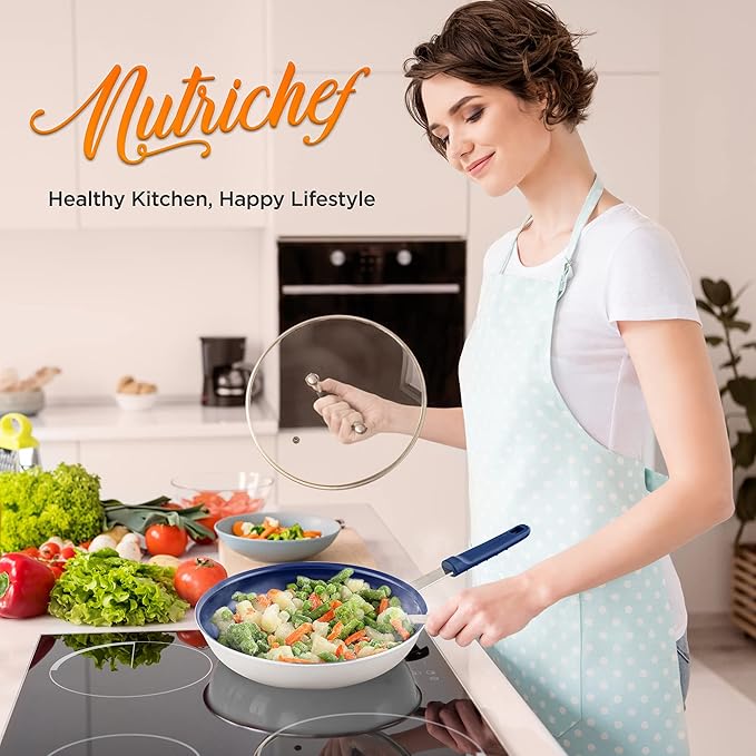 NutriChef 12" Fry Pan With Lid - Large Skillet Nonstick Frying Pan with Silicone Handle, Ceramic Coating, Blue Silicone Handle, Stain-Resistant, Easy To Clean, Professional Home Cookware