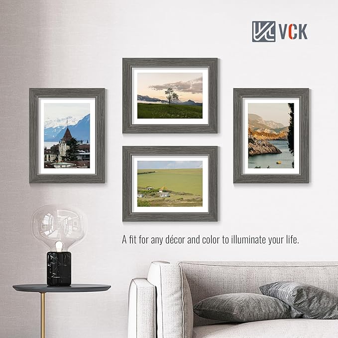 VCK 8.5x11 Picture Frame Set of 4 - Grey, Gallery-Quality Wood Poster Frames, 1.1-Inch Wide Border, Polished Plexiglass, Vertical or Horizontal Wall & Tabletop Display for Photo/Art/Prints, Grey