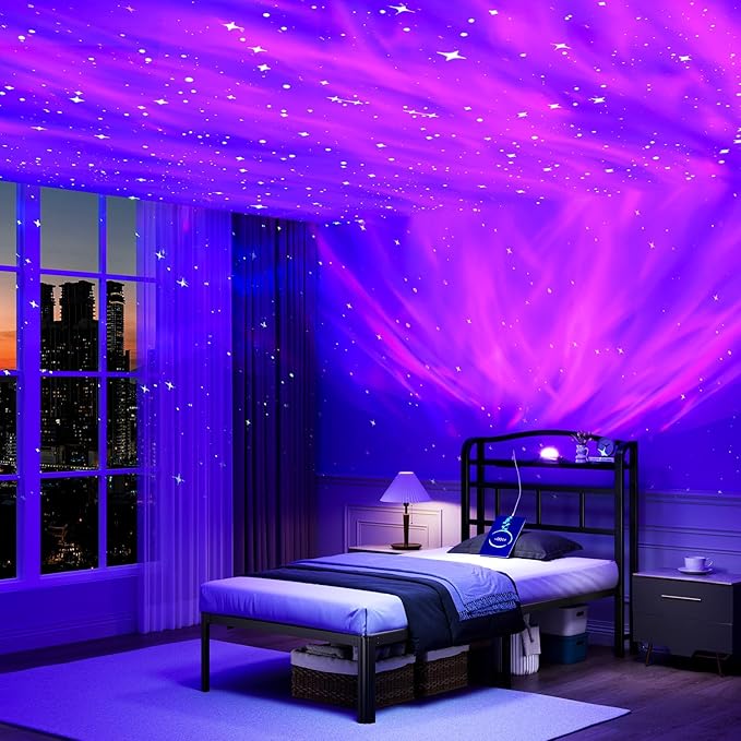 Twin Size Bed Frame - Storage Headboard with Charging Station & Galaxy Aurora Projector, 14 Inch Sturdy Metal Platform Bed Frame No Box Spring Needed, Easy Assembly, No Noise, Black