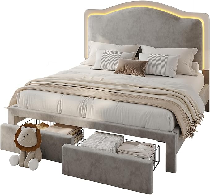 Jocisland Queen Bed Frame with Storage Drawers, 51" Adjustable Velvet Headboard, RGB LED Lights, Upholstered Platform Bed, Modern Bed for Teens, Guest Room, No Box Spring Needed, Grey