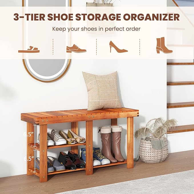 Tangkula 3-Tier Shoes Rack Bench, Entryway Storage Bench Shoes Organizer with Seat, Shoe Shelf for Boots, Acacia Wood Bench for Hallway, Bathroom, Living Room, Corridor Garden