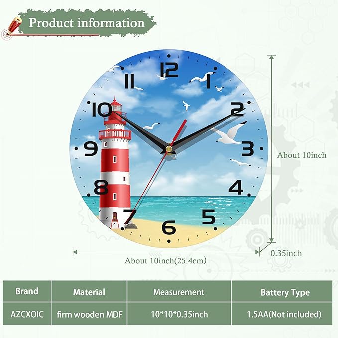 Wall Clocks Battery Operated,Lighthouse Clock for Living Room,Seagull Seaside Decorative Wall Clock for Living Room,Bedroom,Kitchen,10 Inch