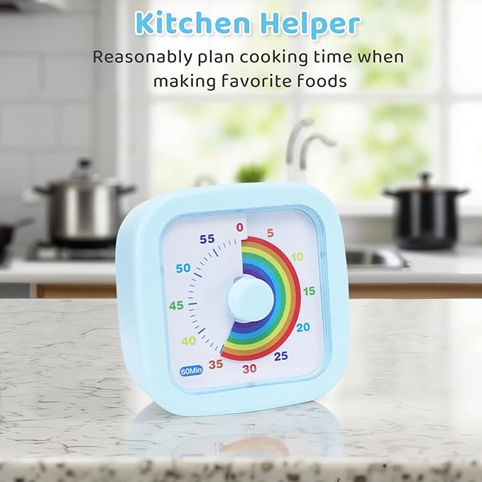 60 Minute Visual Timer for Kids and Adults, Square Countdown Timer with Rainbow Pattern, Desk Timer Kids Time Kitchen Timer Management Tools for Classroom Office Home, Blue