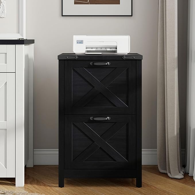 Vertical File Cabinet with 2 Drawers, Wooden Farmhouse Filing Cabinet for Letter/A4 Size Hanging Files, Under Desk Printer Stand with Storage for Home Office, Black