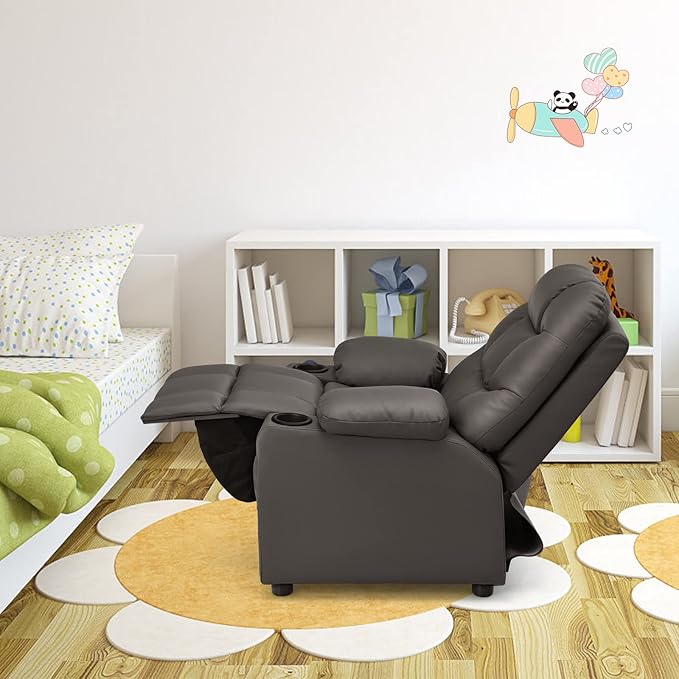 GLACER Kids Recliner Chair w/Cup Holder & Side Pockets, Children Recliner w/Comfortable Backrest, Armrests & Footrest, Toddler PU Leather Recliner for Boys Girls, 3+ Age Group (Brown)