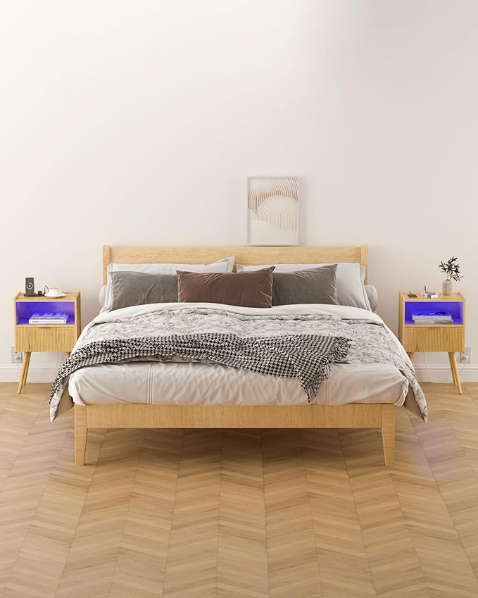 Nightstand, Modern Side Table with Charging Station and LED Lights