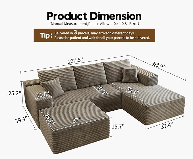 107.5" Cloud Sectional Couch with 1 Ottoman,Modern Modular Sofa with Deep Seat, Comfort U Shaped Sofa Couches for Living Room Bedroom Apartments,No Assembly Required, (Camel,Right Facing Chaise)