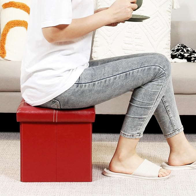 B FSOBEIIALEO Folding Storage Ottoman, Faux Leather Footrest Seat Coffee Table Toy Chest for Kids, Red 11.8"x11.8"x11.8"