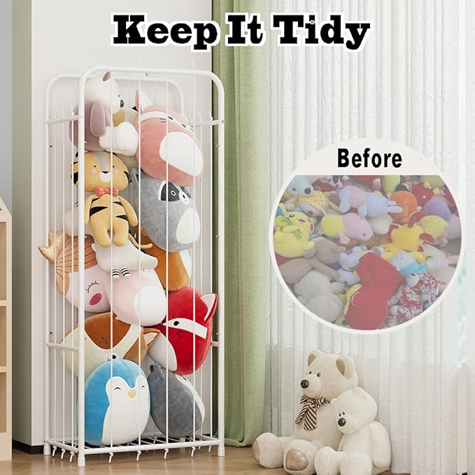 Stuffed Animal Storage Zoo Toy Organizer Corner Plush Metal Chest Extra Large Holder Standing Space Save Vertical With Elastic For Nursery Kids Room,White (White, Large)