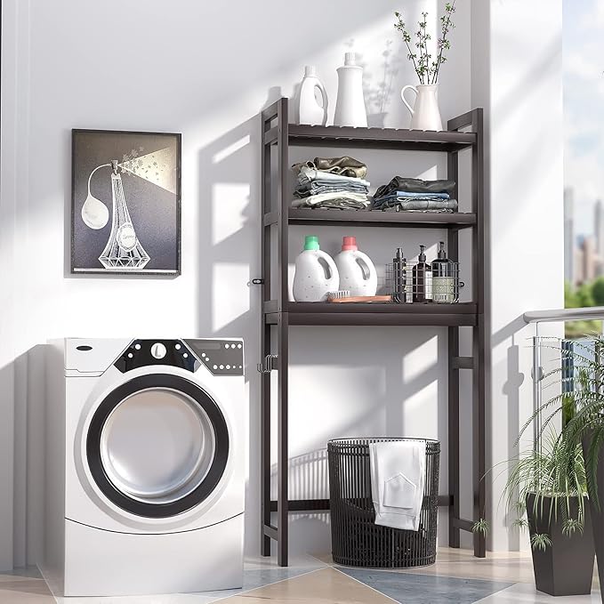 Homykic Over The Toilet Storage, Bamboo 3-Tier Over-The-Toilet Space Saver Organizer Rack, Stable Freestanding Above Toilet Stand with 3 Hooks for Bathroom, Restroom, Laundry, Espresso