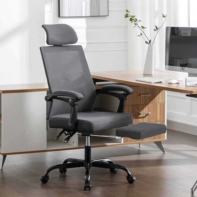 Qulomvs Mesh Ergonomic Office Chair with Footrest Home Office Desk Chair with Headrest and Backrest 90-135 Adjustable Computer Executive Desk Chair with Wheels 360 Swivel Task Chair