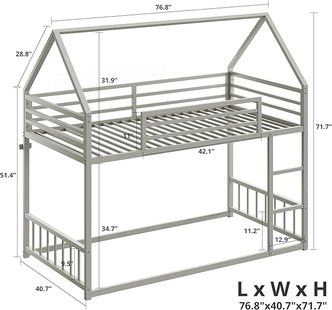 LIKIMIO Bunk Bed Twin Over Twin, House Bunk Bed Frame with Ladder and Guardrail, House Shaped with Metal Slats for Dormitory and Bedroom, Space Saving, No Box Spring Needed, Grey