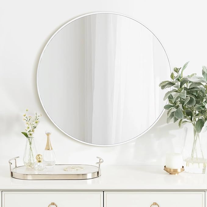 White Round Mirror 24 Inch,Circle Bathroom Vanity Mirror for Wall,Hanging Modern Tempered Glass Mirror for Entryway or Living Room