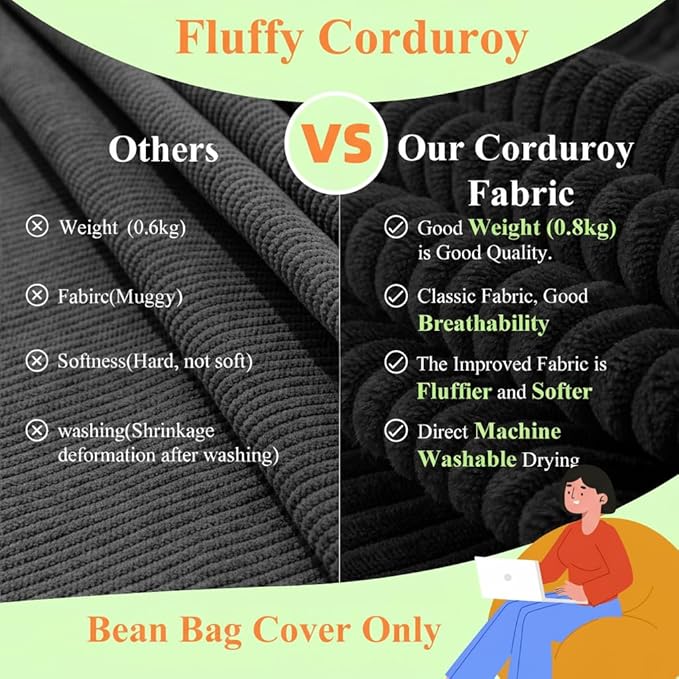 Stuffed Animal Storage Bean Bag Cover (No Filler), Corduroy Kids & Toddler Bean Bag Chair for Teens & Adults, Toy Storage Organizer, Comfy Sofa for Playroom (Onyx Black, Kids (Cover Only))