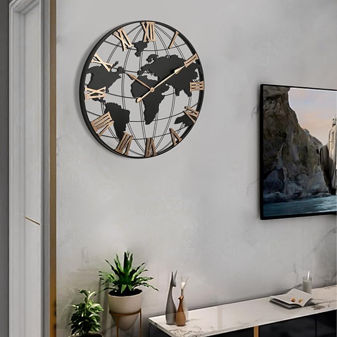 36 Inch Extra Large World Map Wall Clock, Retro Minimalist Silent Non-Ticking Battery Operated Clock for Living Room, Bedroom, Office, Kitchen, Black Roman Numerals