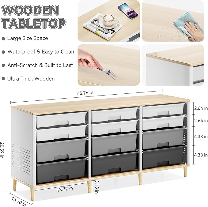 Storage Cabinet with 12 Drawers, Home Storage With Wooden Tabletop, Cube Storage Organizer for Living Room, Bedroom, Classroom, Office, Playroom, Craft Room, (Grey)