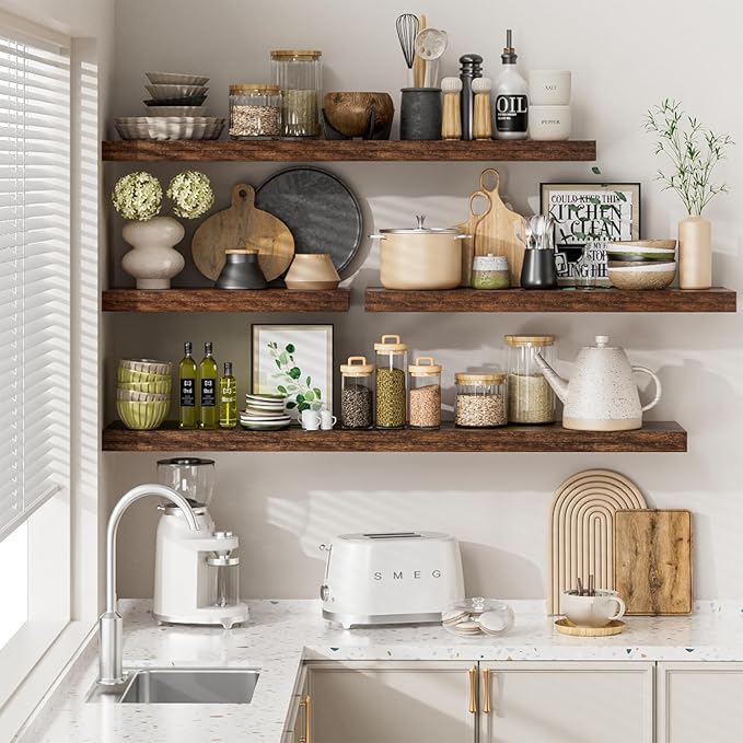 Heimlove 12" Deep Floating Shelves for Wall, 24 Inch Wall Shelf Bathroom Shelves Set of 2, Wall Mounted Shelves for Books Living Room Laundry Room Bedroom Kitchen Home Office, Rustic Brown