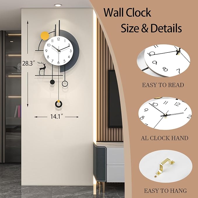 FLEBLE Large Wall Clock for Living Room Decorative Wall Clock Silent Non-Ticking Battery Operated Metal Black Deer Home Decor for Farmhouse Kitchen Bedroom Office and Dinning Room, 14.1x28.3inch