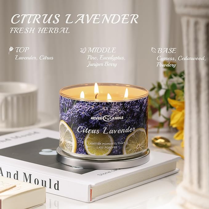 Citrus Lavender Scented Candles, 18oz Soy Candles Non Toxic 4-Wick Large Candle Jars, Over 50 Hours of Burning Time, Ideal for Gifting, Events, Home Decor