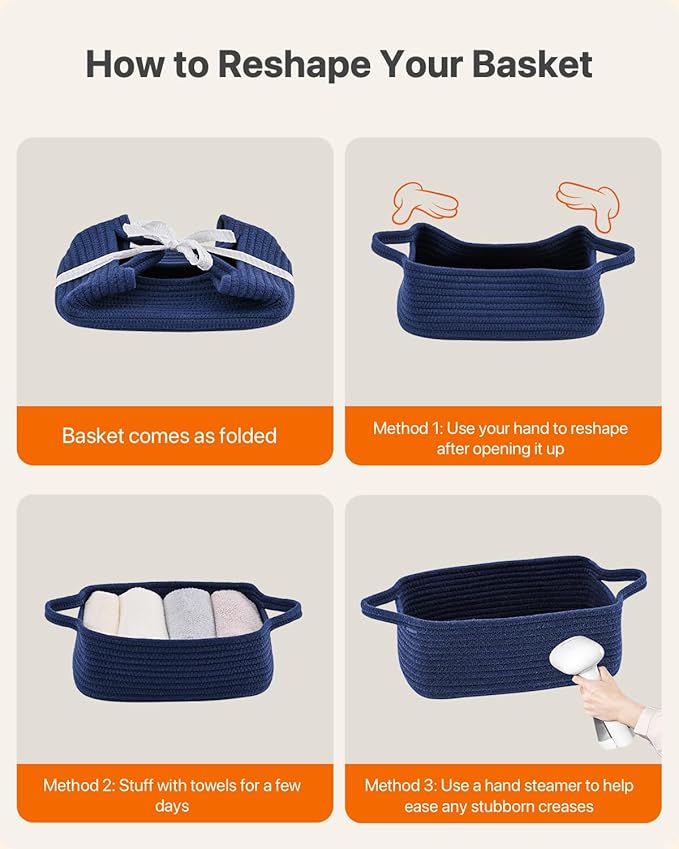 KALLAX Small Woven Basket, 12 x 8 x 4.5 Inches, Small Storage Baskets for Organizing, Gift Baskets Empty, Cute Rope Shelf Closet Storage Bins for Shelves, Dog Toy Basket, 3 Packs, Navy Blue