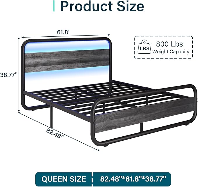 Catrimown Queen Bed Frame with Wood Headboard, Metal Bed Frame with Under Bed Storage, LED Platform Bed Frame with 20 Light Modes, Noise Free, No Box Spring Needed, Wash Gray