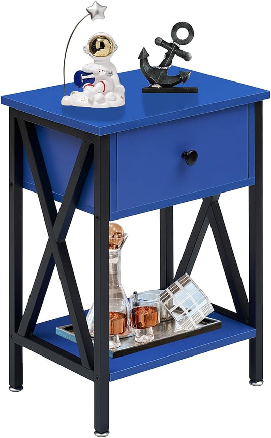 VECELO Nightstand,Modern Bedside End Table, Night Stand with Drawer and Storage Shelf for Living Room Bedroom, Industrial Metal Frame