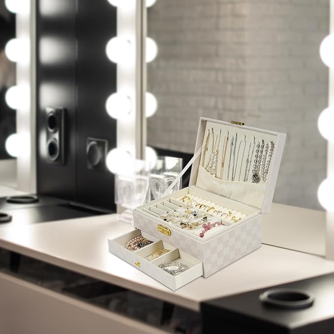 Jewelry Box for Women Girl Wife - Large PU Leather Jewelry Organizer Storage Case with Two Layers Display for Earrings Bracelets Rings Watches (Light Khaki)