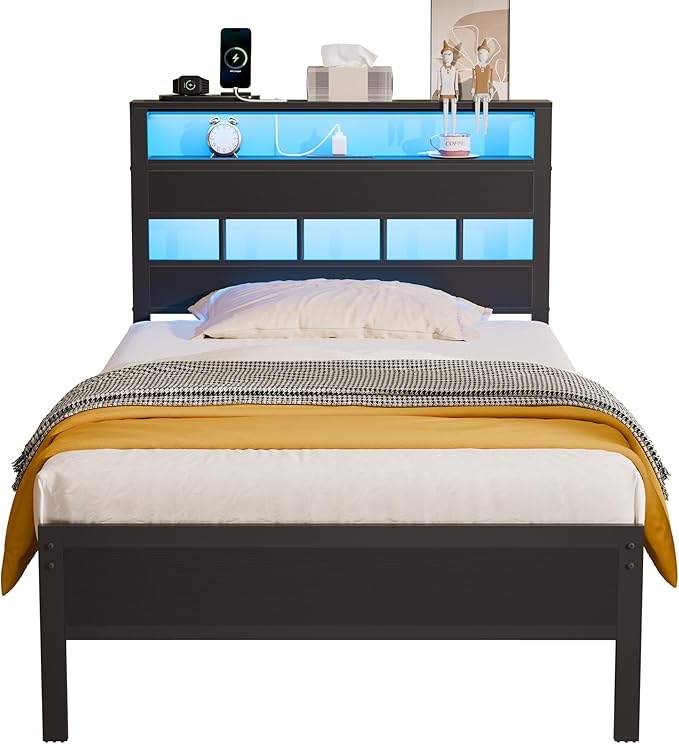 Furnulem Twin Bed Frames with Charging Station and LED Lights, Twin Size Platform Bed with Metal Slats, Wood Headboard with 2-Tier Storage Shelves, No Box Spring Needed, Black Oak