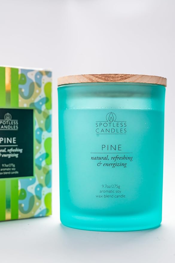Pine Candle - 9.7 oz /275g 45-55 Hours Burn Time in Green Frosted Glass Jar with Wooden Lid and Wooden Crackling Wick in Luxurious Gift Box - Natural, Refreshing and Energising