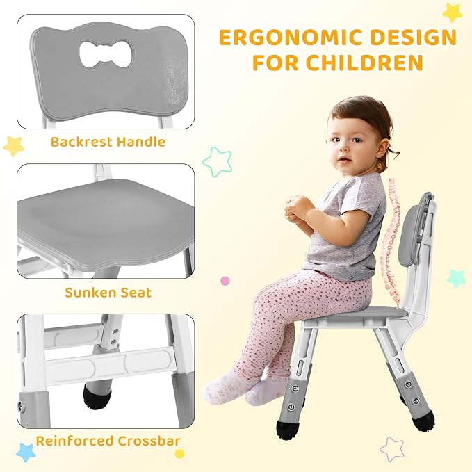 Arlopu Kids Table and 4 Chair Set, Height Adjustable Toddler Table and Chair Set, Non-Slip Legs, Graffiti Desktop, Large Children Activity Table, Reading Daycare Classroom Home (Grey)