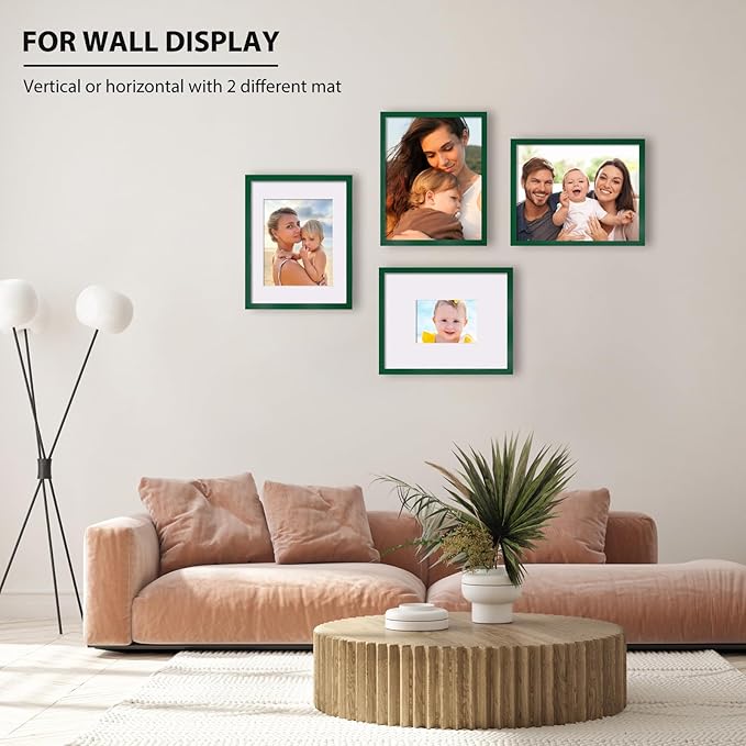 KINLINK 11x14 Picture Frame Green, Solid Wood Frames with Acrylic Plexiglass for Pictures 5x7/8x10 with Mat or 11x14 without Mat, Tabletop and Wall Mounting Display, Set of 4