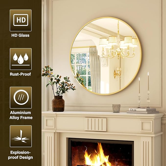 32 Inch Round Gold Metal Wall Mirror - Stylish Circle Mirror for Entryway, Bathroom, and Living Room Decor | Matte Gold Circle Wall Mirror
