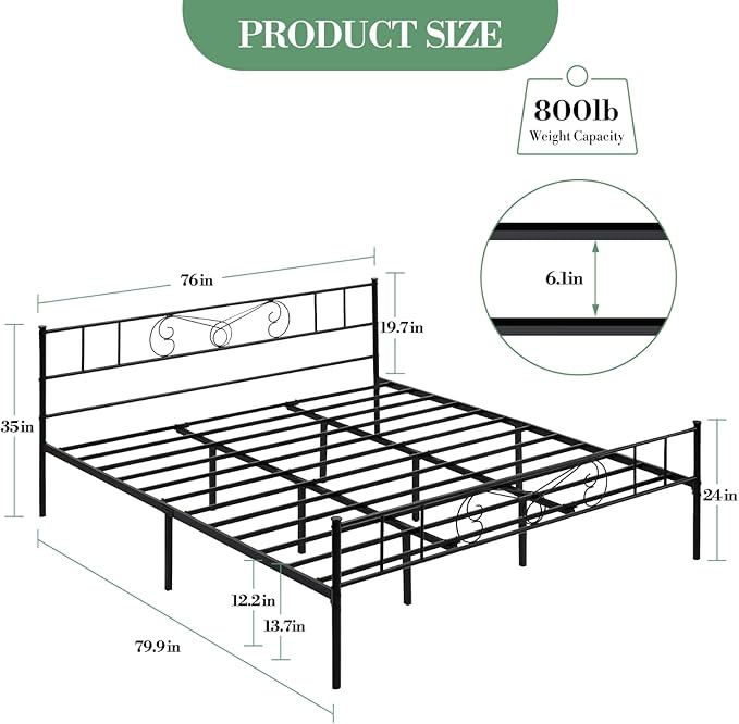 Metal Platform Bed Frame with Headboard & Footboard, Steel Slats Mattress Foundation No Box Spring Needed, 800Lbs Capacity, Noise-Free