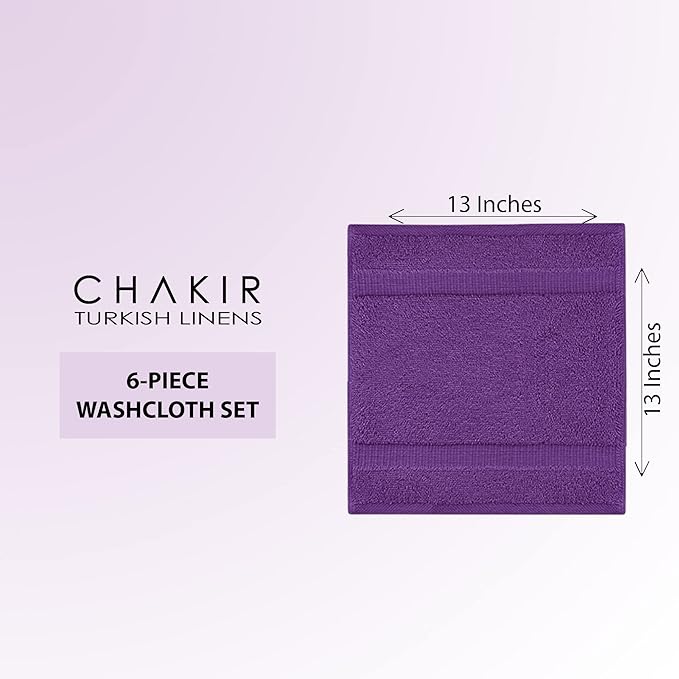 Chakir Turkish Linens 100% Cotton Premium Turkish Towels for Bathroom | 13'' x 13'' (6-Piece Washcloth, Eggplant)