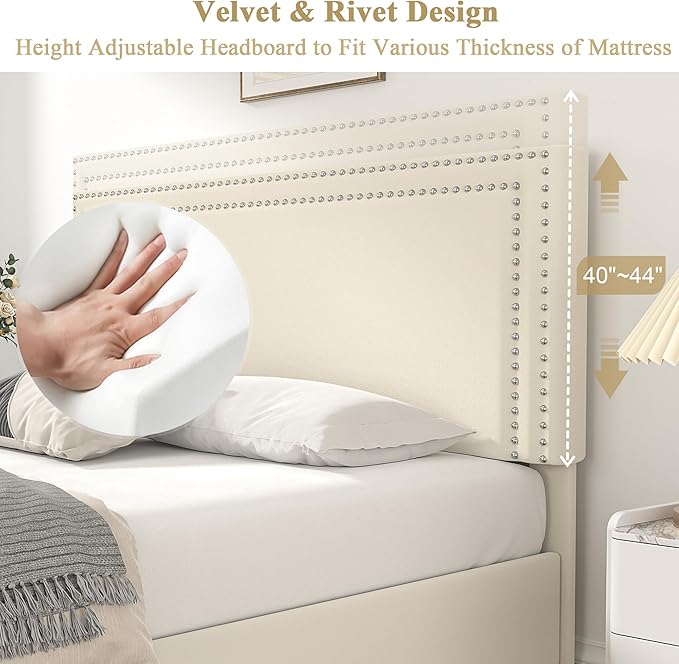 VECELO Full Size Upholstered Platform Bed Frame with 4 Storage Drawers, Adjustable Velvet Rivets Headboard, Wooden Slats Support, No Box Spring Needed, Easy Assembly