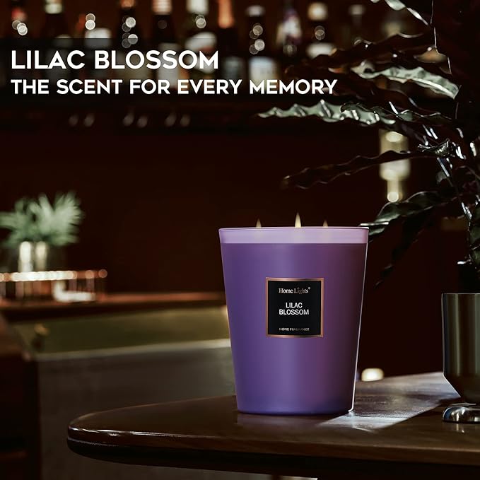 HomeLights Highly Scented Soy Candles Big 33.3 oz for Home. 3 Cotton Wicks, Smokeless Long Lasting 130 hrs in Lilac Blossom. 5x6, Great Gift for Women & Men