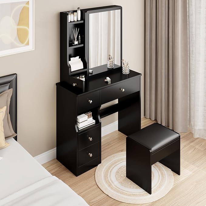 Small Makeup Vanity Desk with Storage Drawer, Compact Vanity Table Set with Mirror and Drawers, Solid Dressing Table Set with Chair, Compact Space Storage Shelves for Bedroom, Black