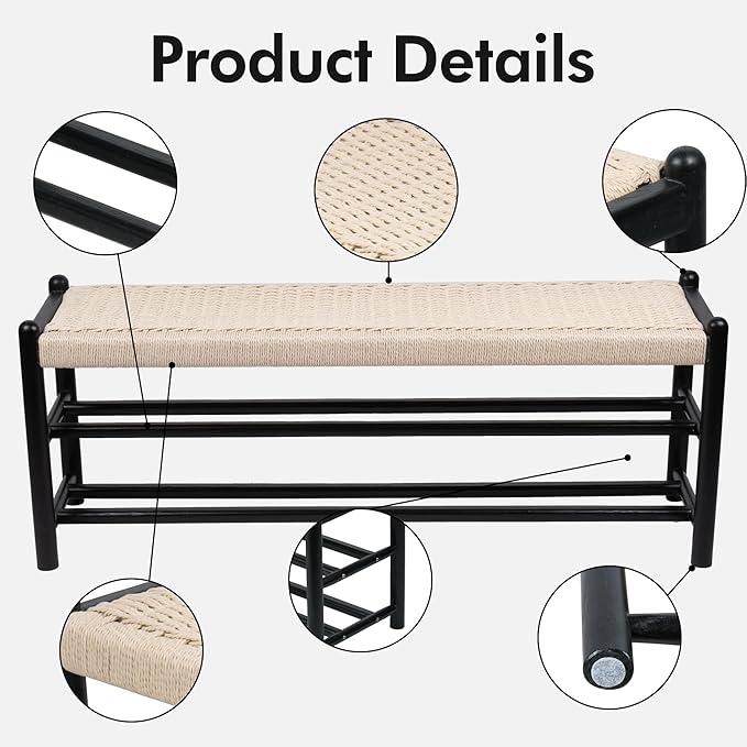 Solid Wood Entryway Bench with Shoe Storage, Rustic Oak Wood and Woven Design 45 Inch Long Seating for Living and Dining Rooms, 3-Tier Black