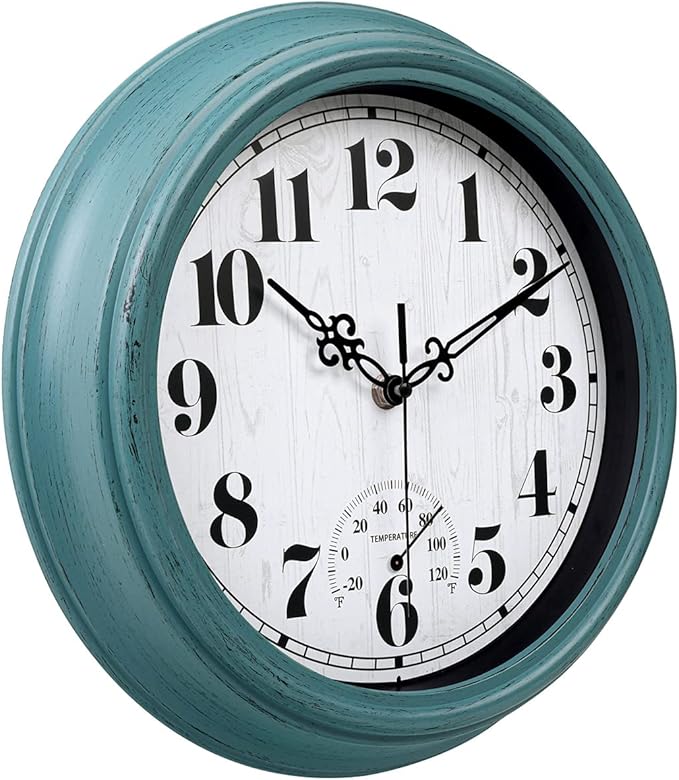 zyzamay 12 Inch Indoor Outdoor Clocks,Waterproof Wall Clock with Thermometer,Easy to Read,Non-Ticking Battery Operated Quality Quartz Clock, Decorative for Patio,Porch,Pool,Bathroom,Deck(Green)