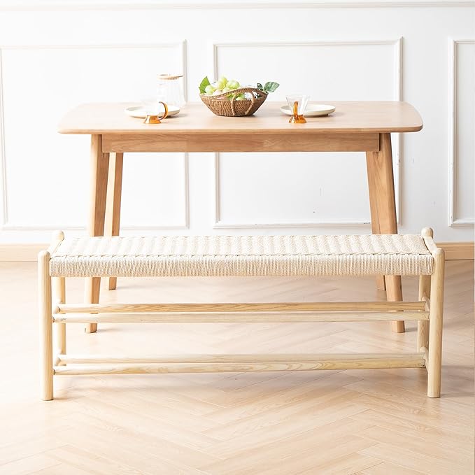 Solid Wood Entryway Bench with Shoe Storage, Rustic Oak Wood and Woven Design 45 Inch Long Seating for Living and Dining Rooms, 3-Tier Nature