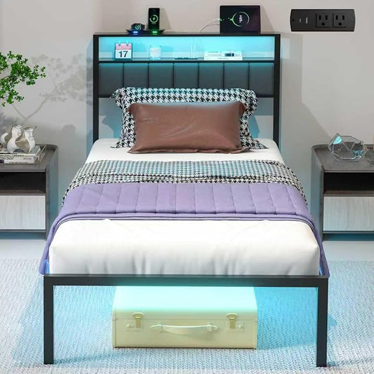 Twin Bed Frames with Charging Station and LED Lights, Twin Size Platform Bed with Metal Slats, Upholstered Headboard with 2-Tier Storage Shelves, No Box Spring Needed, Easy Assembly, Black