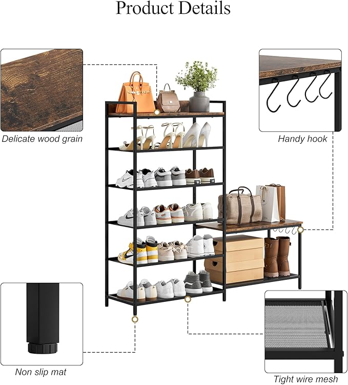Shoe Rack Bench Storage Organizer for entryway,6-Tier Industrial Free Standing Shoe and Boot Racks with Seat,Entrance Shoe Rack Organizer Shelves for High Heels,Hallways, Closets,Brown,48.7in