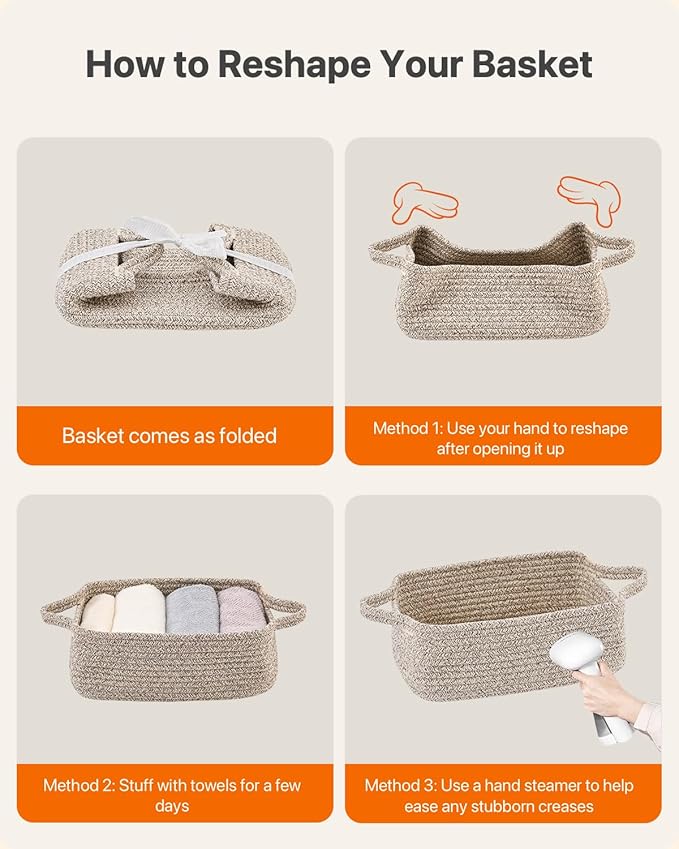 KALLAX Small Woven Basket, 12 x 8 x 4.5 Inches, Small Storage Baskets for Organizing, Gift Baskets Empty, Cute Rope Shelf Closet Storage Bins for Shelves, Dog Toy Basket, 3 Packs, Mixed Brown