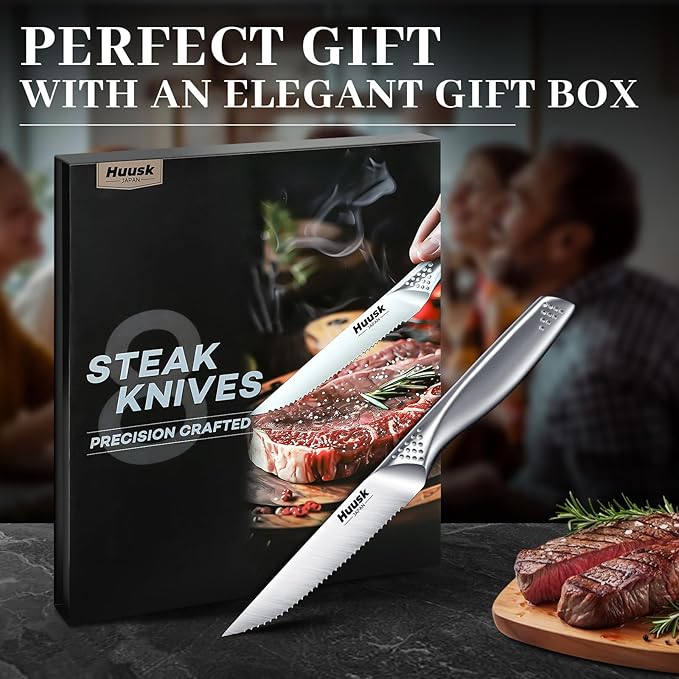 Huusk Serrated Steak Knives Set, 4.5" Japanese Stainless Steel Steak Knives Set of 8, Sharp Dishwasher Safe Dinner Knife for Kitchen Table with Gift Box